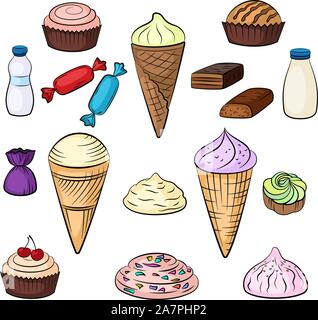 Satz von süßen Speisen, Eis in der Waffel Cups, Kuchen, Gebäck, Saft und Milch, isoliert auf weißem Hintergrund. Vektor Stock Vektor