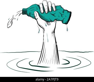 Kunststoff Trinkflasche und Meeresverschmutzung Vector Illustration Stock Vektor