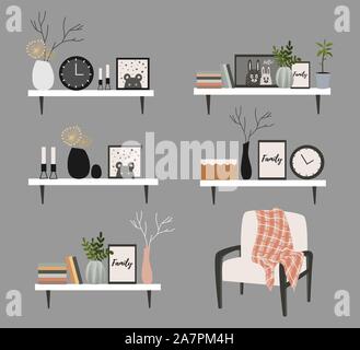 Set Wandregale für einen skandinavischen Stil Wohnzimmer Interieur mit Blumentöpfen, Vase mit einer Niederlassung, Bücher, Uhren und Gemälden. Vektor flach Stock Vektor
