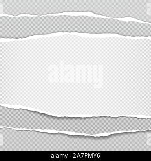 Stücke von gestapelten zerrissen, weißen und grauen realistische horizontalen Papierstreifen mit weichen Schatten sind auf Karierter Hintergrund. Vector Illustration Stock Vektor