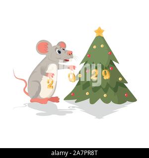 Frohes Neues Jahr 2020. Weihnachtsbaum und Maus oder ratwith Zahlen 2020 von Käse. Das chinesische Neujahr Symbol von 2020 für das neue Jahr. Stock Vektor