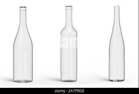 3D-Rendering. Leere transparente Flasche Wein Glas mit Beschneidungspfaden auf weißem Hintergrund. Stockfoto