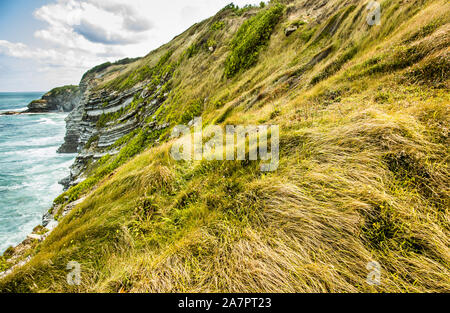 Baskenland Küste mit typischen Klippen und Felsen, mit Blick auf den Golf von Biskaya. Saint Jean de Luc, Frankreich. Stockfoto