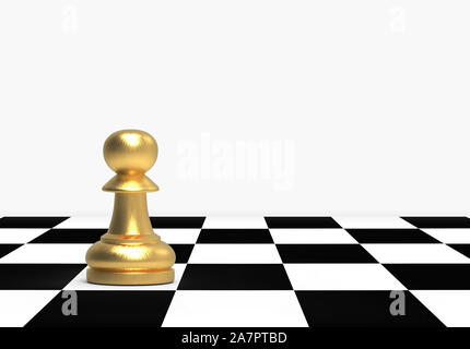 3D-Rendering. Eine goldene normaler Bauer Schach auf Schachbrett Hintergrund. Stockfoto