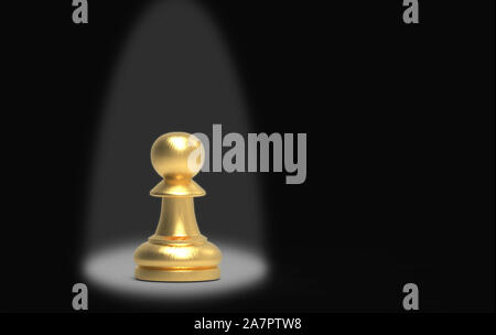 3D-Rendering.spot Licht auf einem goldenen Spielball Schach auf der Bühne im Hintergrund. Stockfoto