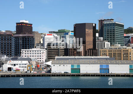 Wellington, Hauptstadt von Neuseeland. Downtown Wolkenkratzer, Financial District. Stockfoto