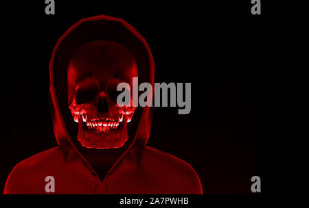 3D-Rendering. red Ghost Kopf Schädel in Schwarz Kapuze Jacke mit Beschneidungspfaden auf schwarzem Hintergrund isoliert. Halloween Horror Konzept. Stockfoto