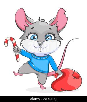 Ratte holding Sack mit Geschenken und Candy Cane. Lustige Ratte, niedliche Zeichentrickfigur. Vector Illustration auf weißem Hintergrund Stock Vektor