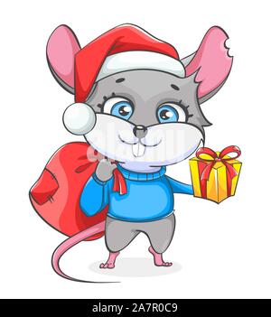 Ratte in Santa Hut holding Sack mit Geschenken und Geschenkverpackung. Lustige Ratte, niedliche Zeichentrickfigur. Vector Illustration auf weißem Hintergrund Stock Vektor