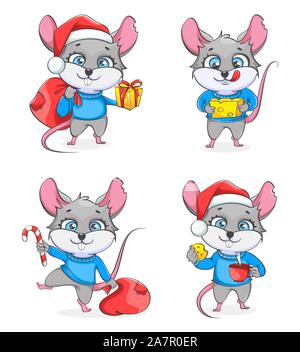Ratte, Symbol des Neuen Jahr 2020 von vier Stellen darstellt. Lustige Ratte, niedliche Zeichentrickfigur. Vector Illustration auf weißem Hintergrund Stock Vektor