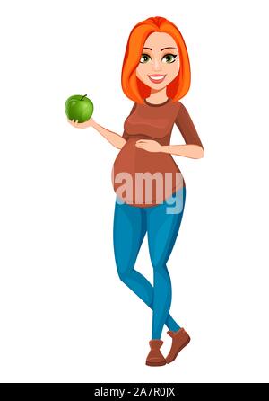 Schöne schwangere Frau hält Green Apple. Fröhliche schwangere Frau cartoon Charakter. Vector Illustration auf weißem Hintergrund Stock Vektor