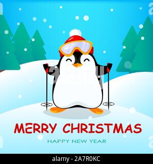 Süße kleine Pinguin im Winter Wald. Lustige Weihnachten penguin cartoon Charakter. Vector Illustration. Stock Vektor