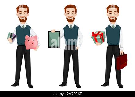 Erfolgreicher Geschäftsmann, der drei Posen. Gut aussehender Geschäftsmann hält piggy Bank- und Kreditkarten, hält Tablet und hält Geschenkbox. Freundliche Karikatur Stock Vektor