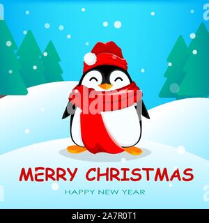 Süße kleine Pinguin im Winter Wald. Lustige Weihnachten penguin cartoon Charakter trug Hut und Schal warnen. Vector Illustration. Stock Vektor