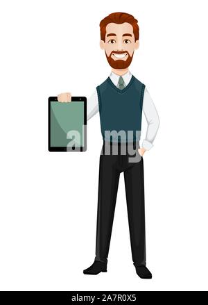 Erfolgreicher Geschäftsmann. Gut aussehender Geschäftsmann holding Tablet. Fröhliche cartoon Charakter. Vector Illustration auf weißem Hintergrund Stock Vektor