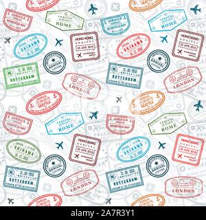 Reisepass Briefmarken Vektor nahtlose Muster - Travel stamp Thema (fiktive Briefmarken). Stock Vektor