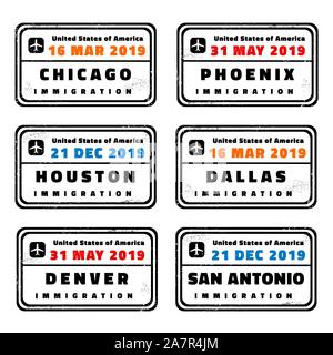USA Vektor Reisepass Briefmarken Sammlung: Chicago, Phoenix, Houston, Dallas, Denver und San Antonio. Stock Vektor
