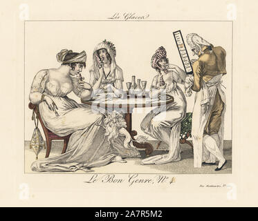 Modische Frauen oder merveilleuses Eis essen mit ihren Hunden in einem Café, 1805. Das Menü enthält Zitrone, orange, pistazie, und creme Blanche. "Parisiennes sind die ANMUTIGSTEN von Frauen, auch wenn gierig zu essen." Papierkörbe Gravur von Pierre de la Mesangere's Le Bon Genre, Paris, 1817. Stockfoto