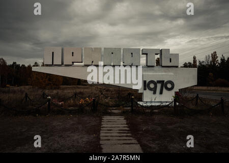 Stadt Zeichen der Geisterstadt Pripyat in die Sperrzone von Tschernobyl in der Nähe von den Kernreaktor von Tschernobyl (Kiew, Ukraine, Europa) Stockfoto
