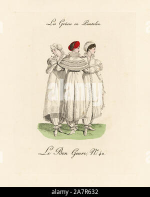 Drei Grazien in der Hose. Drei Mädchen in Turbanen, Kleider mit Rüschen, die Mitte der Wade Länge und Rüschen pantalons oder Hose zu erreichen. "Es ist etwas seltsam zu diesem Kostüm. Die geringe Zahl von Frauen, die sich in der Hose auf den Boulevards oder in den Tuilerien erschienen waren Gegenstand der Neugier so beunruhigend, dass nur Mädchen Wagen dieser Stil treffen." Papierkörbe Gravur von Pierre de la Mesangere's Le Bon Genre, Paris, 1817. Stockfoto