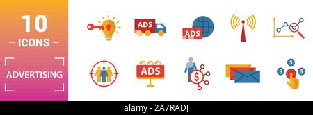 Werbung Icon Set. Gehören kreative Elemente focus group, Marketing, Affiliate Marketing, tv, Global Advertising Icons. Kann verwendet werden für Stock Vektor