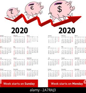 Stilvolle Kalender Schwein Sparschwein für 2020 Sonntag erste Stock Vektor