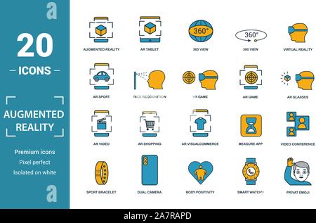 Ar- und VR-Symbol gesetzt. Gehören kreative Elemente augmented reality, 360° Ansicht, Gesichtserkennung, augmented reality Brille, shopping Symbole. Kann verwendet werden Stock Vektor