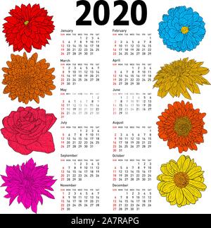 Stilvolle Kalender mit Blumen für 2020. Woche sonntags zuerst. Stock Vektor