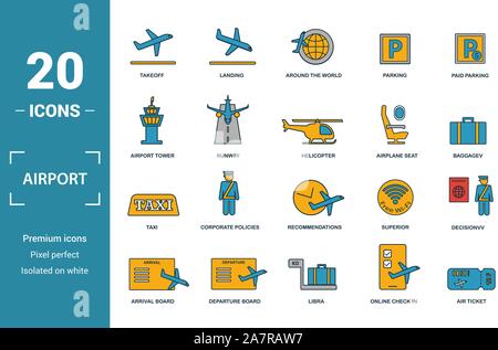 Airport Symbol gesetzt. Kreative Elemente Start gehören, rund um die Welt, Flughafen Tower, Sitz, taxi Symbole. Kann für den Bericht verwendet, Präsentation. Stock Vektor