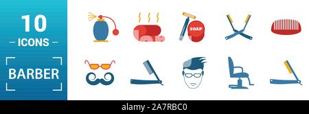 Friseur Icon Set. Kreative Elemente Schere, Schaum Bürste, Rasiermesser, Handtuch, Spiegel Symbole. Kann für den Bericht verwendet, Präsentation. Stock Vektor