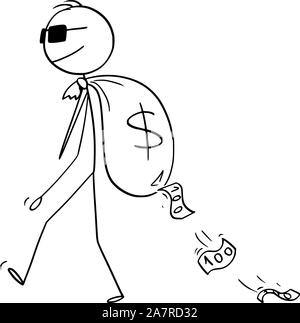 Vektor cartoon Strichmännchen Zeichnen konzeptionelle Darstellung der Mann, Kriminelle, Secret Agent oder Geschäftsmann mit Sonnenbrille tragen Fehler Geld Tasche auf seinem Beutel mit Dollar Währungssymbol. Stock Vektor