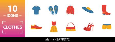 Kleidung Icon Set. Gehören kreative Elemente t-shirt, Jacke, Hose, Socken, Schuhe Symbole. Kann für Bericht, Präsentation, Grafik, Web Design Stock Vektor