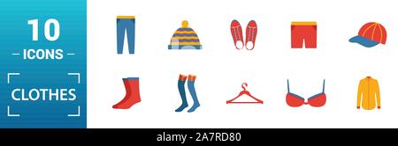 Kleidung Icon Set. Gehören kreative Elemente t-shirt, Jacke, Hose, Socken, Schuhe Symbole. Kann für Bericht, Präsentation, Grafik, Web Design Stock Vektor