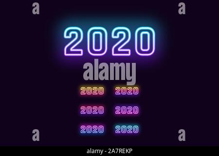 Neon Anzahl 2020, neues Jahr Ziffern in verschiedenen Verlaufsfarben. Satz von glühenden Datum 2020 in Neon style mit transparenten Hintergrundbeleuchtung. Symbol und Zeichen, Symb Stock Vektor