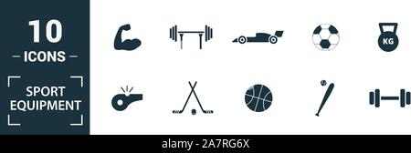 Sport Ausstattung Icon Set. Kreative Elemente Kurzhanteln gehören, Fußball, Baseball, Hockey, Heimtrainer Symbole. Kann für den Bericht verwendet werden. Stock Vektor