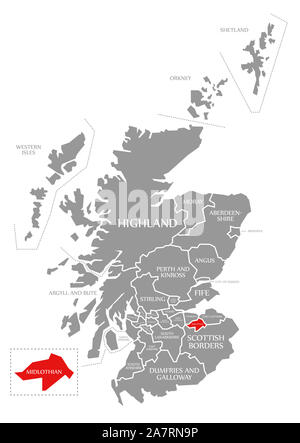 Midlothian in Rot hervorgehoben Karte von Schottland Großbritannien Stockfoto