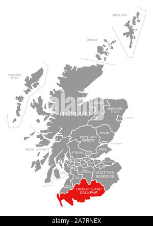 Dumfries und Galloway in Rot hervorgehoben Karte von Schottland Großbritannien Stockfoto