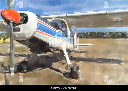 Aquarell Abbildung: Kleine hstorian Sportflugzeug mit weiß-blauen Farbe kurz vor dem Take-off, Flug Stockfoto