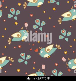 Nahtlose Muster mit lustigen Vögel auf dunklem Hintergrund. Vector Illustration Stock Vektor