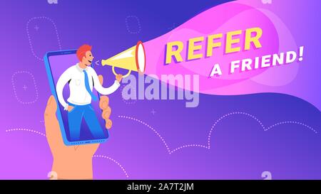 Empfehlen Sie einen Freund Konzept Vector Illustration von Happy manager Schreien auf Megaphon neue Kunden aus mobile App einzuladen. Hellen gradient Design für Stock Vektor