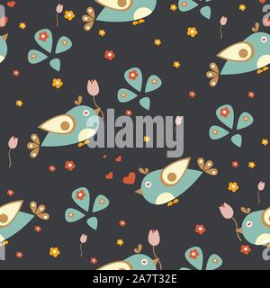 Nahtlose Muster mit lustigen Vögel auf dunklem Hintergrund. Vector Illustration Stock Vektor