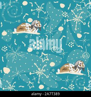 Nahtlose Winter Muster mit Hasen auf blauem Hintergrund mit Hand gezeichnet Winter doodles. Vector Illustration Stock Vektor