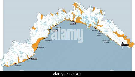 Karte von Ligurien mit Flüssen, Hydro geologische Karte, die wichtigsten Städte und Provinzen. Genua, Imperia, Savona, La Spezia. Italien. Wasser Kritikalität Karte Stock Vektor