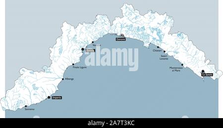 Karte von Ligurien mit Flüssen, hydrogeologische Karte, die wichtigsten Städte und Provinzen. Genua, Imperia, Savona, La Spezia. Italien Stock Vektor