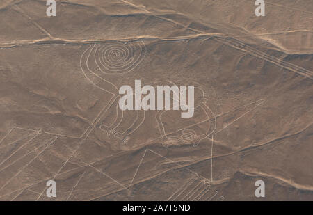 PERU, NAZCA - ca. OKTOBER 2019: Kleines Flugzeug bringt 6 Touristen an Bord. Flug über Nazca Lines. Stockfoto