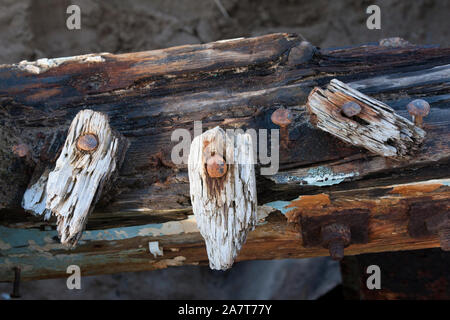 Nahaufnahme von verrottendem Holz auf ein altes Schiffswrack im Crow Punkt in North Devon, Großbritannien Stockfoto