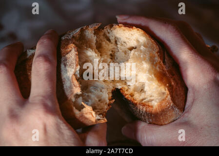 Weibliche Hände close-up brechen frisches Baguette. Warme alte französische Zimmer im Hintergrund. Hände auseinander zu reißen. Stockfoto