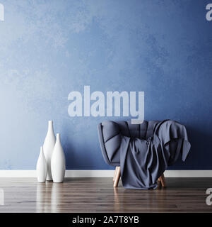 Blaue Stuhl und weiß Vasen in neue einfache Wohnzimmer. 3D Rendering illustration Stockfoto
