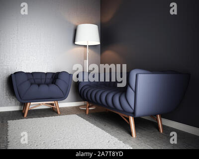 Blaue Sessel und das Sofa in ein neues einfaches Wohnzimmer. 3D Rendering illustration Stockfoto