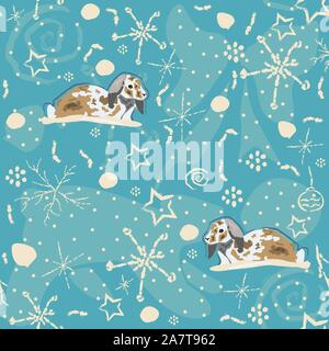 Nahtlose Winter Muster mit Hasen auf blauem Hintergrund mit Hand gezeichnet Winter doodles. Vector Illustration Stock Vektor